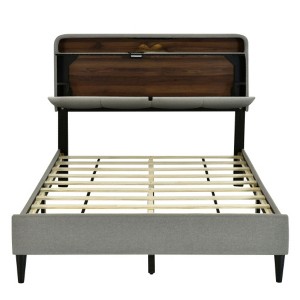 Full-Size Linen Fabric Upholstered Platform Bed with Storage Headboard, Sensor Lighting, and Integrated Sockets and USB Ports - 1 of 4