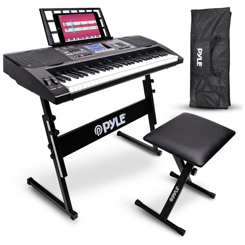 Pyle 61 Keys 2 in 1 Play and Sing Along Portable Electronic Piano Keyboard with Weatherproof Case Bag, Keyboard Stool, and Keyboard Stand, Black, 1 of 7