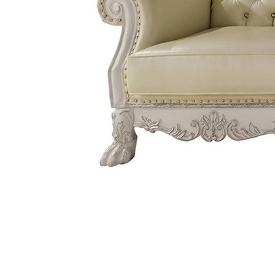 Dresden White Faux Leather Tufted Camelback Sofa with Nailhead Trim