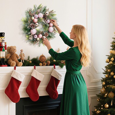 22 Inch Christmas Wreath for Front Door, Large Outdoor Christmas Wreath with Ball Ornaments Pine Cones for Fireplace Window Wall Decor