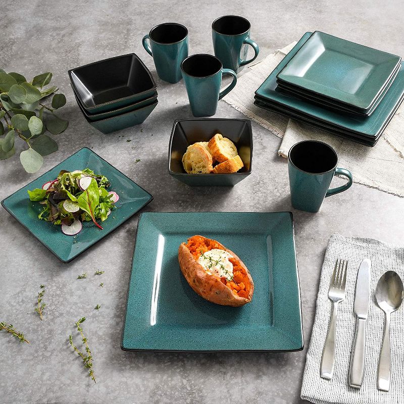 Gibson Elite Kiesling 16 Piece Reactive Glaze Durable Microwave and Dishwasher Safe Plates, Bowls, and Mugs Dinnerware Set, Turquoise (2 Pack), 4 of 7