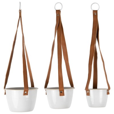 Set of 3 Antique White Enamel Metal and Faux Leather Straps Hanging Planter - Foreside Home & Garden