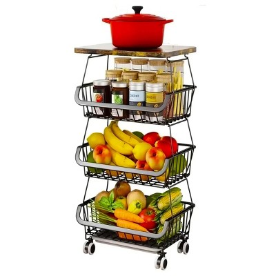 Boersma 4 Tier Fruit Storage Basket, Fruit Vegetable Cart with Solid Wood, Kitchen Storage Rack with Rollers for Pantry