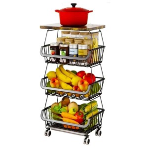 Boersma 4 Tier Fruit Storage Basket, Fruit Vegetable Cart with Solid Wood, Kitchen Storage Rack with Rollers for Pantry - 1 of 4