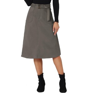 INSPIRE CHIC Women's Casual Solid Faux Suede Pockets Stretch A-line Midi Skirt with Belt - 1 of 4