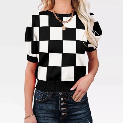 Women's Casual Crew Neck Short Sleeve Sweater Tops for Spring and Summer 2025,Black Plaid - M