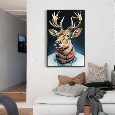 Gulches Deer Canvas Wall Art with Glasses and Scarf Animal Portrait British Countryside Home Decor Premium Gallery Wrapped Art Print
