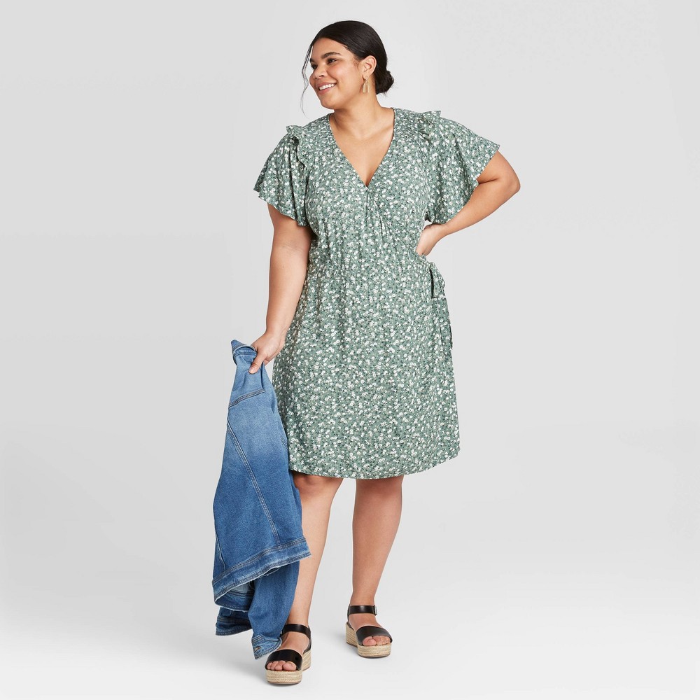 Women's Plus Size Floral Print Short Sleeve Ruffle Wrap Dress - Universal Thread Green 2X, Green Pink Blue was $24.99 now $17.49 (30.0% off)
