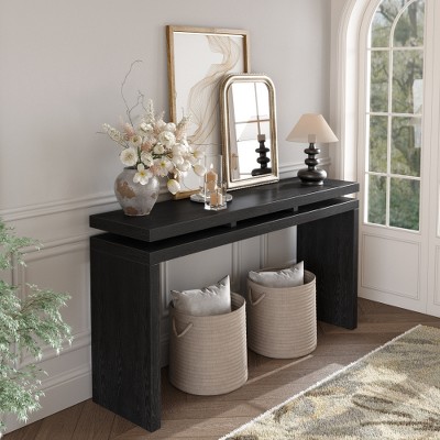 LIVAREEmlen 60'' Black Farmhouse Console Table Retro Wooden Entryway Table with Double Board Suspension Design, Sofa Table for Living Room