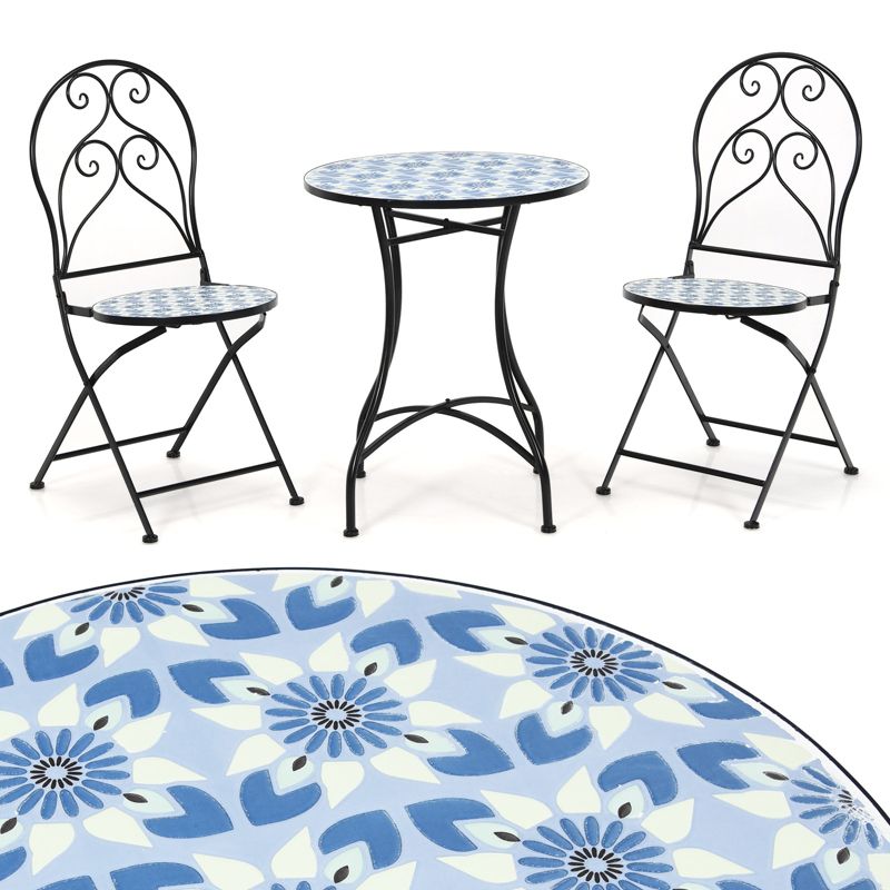 Tangkula 3PCS Patio Mosaic Design Folding Chairs Side Table Set Bistro Set Classic Furniture Chair Set for Garden, 2 of 9