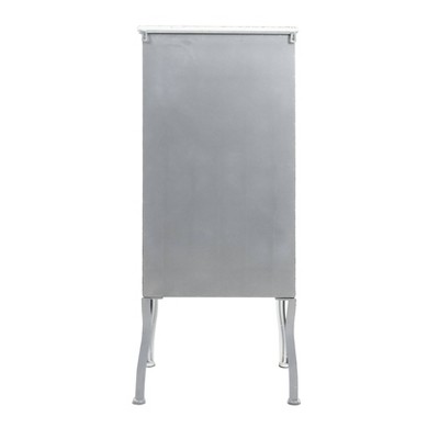 Distressed White Metal Cabinet with 3 Drawers and Open Shelf