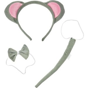 4E's Novelty Mouse Costume Kit - 3 Pcs Set with Mouse Ears Headband, Mouse Tail Costume Accessory, and Bowtie Comfortable Halloween Rat Costume - 1 of 4