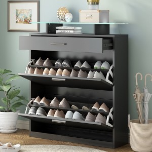 TIRAMISUBEST Slim Entryway Organizer with 2 Flip Drawers, Shoe Cabinet with Drawer, Free Standing Tipping Bucket Shoe Rack with LED Light - 1 of 4