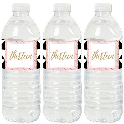 Big Dot of Happiness Chic 13th Birthday - Pink, Black and Gold - Birthday Party Water Bottle Sticker Labels - Set of 20