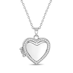 Girls' CZ Border Heart Sterling Silver Locket Necklace - In Season Jewelry - 1 of 4