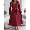 Coolmee Women's Elegant Flowy Pleated Dress Long Sleeves A Line Vacation Dress Business Work Outfits Midi Dresses with Belt - 2 of 4
