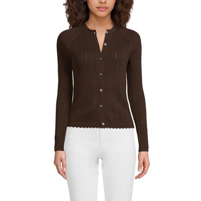 Lands' End Women's Cotton Pointelle Satin Trim Cardigan Sweater