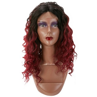 Unique Bargains Women's Long Body Wave Lace Front Wigs with Wig Cap 20" Black Gradient Wine Red 1PC