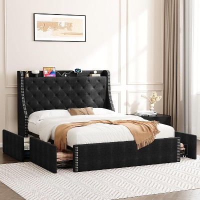 Upholstered Bed Frame with Tufted Wingback Headboard – Elegant, Noise-Free Design, Easy Assembly in Blue