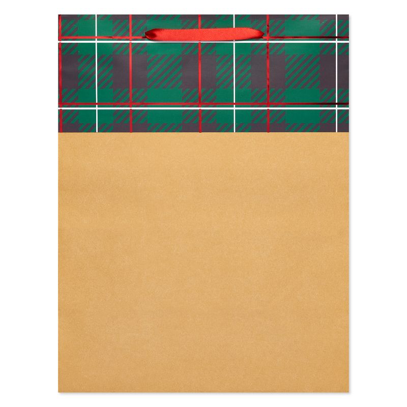Large 13&#34; Black/Green/Red Plaid on Kraft Christmas Gift Bag, 3 of 6