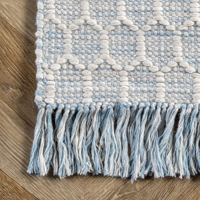 Handmade Honeycomb Geometric Wool-Cotton Rug in Baby Blue, 3' x 5'