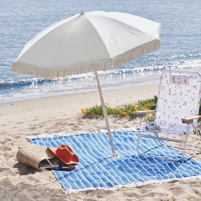 6.5&#39;x6.5&#39; Round Outdoor Patio Beach Umbrella with Fringe Ivory - Threshold&#8482;_5