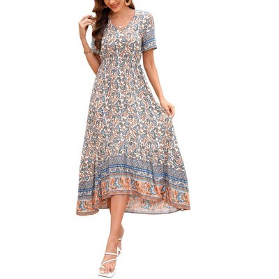 WhizMax  Women's Boho High-Waisted Beach Short Sleeve V-neck Casual Floral-Print Maxi Dress