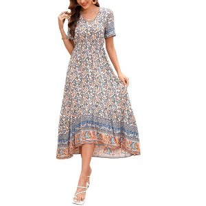 WhizMax  Women's Boho High-Waisted Beach Short Sleeve V-neck Casual Floral-Print Maxi Dress - 1 of 4