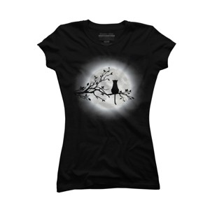 Junior's Design By Humans The Cat and The Moon By Maryedenoa T-Shirt - 1 of 3