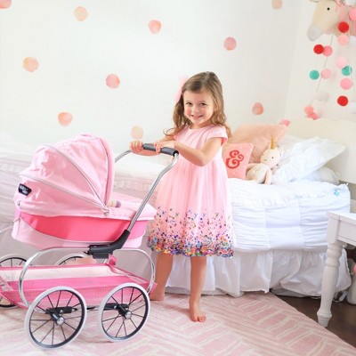 Hot Pink Chrome Frame Princess Doll Stroller with Removable Bassinet