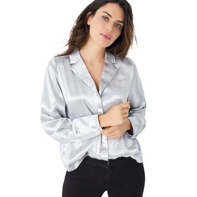 ellos Plus Size Metallic Satin Button-Down Blouse