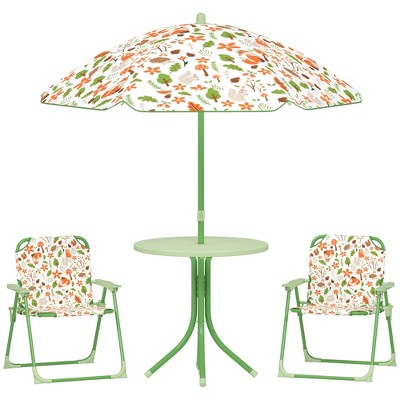 Qaba Kids Picnic Table and Chair Set, Outdoor Activity Table with 2 Foldable Chairs, Removable Umbrella, for Backyard, Garden