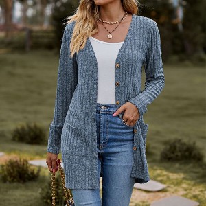 Women's Ribbed Knit Long Sleeve Cardigan Mid-Length Cardigan Open Front Sweater Coat - 1 of 4