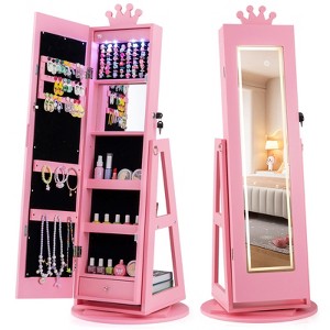 Tangkula Swivel Kids Jewelry Cabinet w/ Lights Full-Length Mirror & Built-in Mirror - 1 of 4