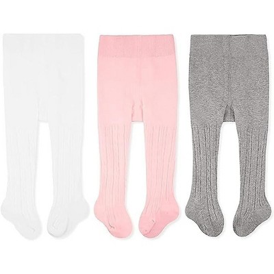 Cozyway Cable Knit Cotton Leggings/Tights for Toddler Girls, 3 Pack, White/Pink/Gray, 2-4 Years Old