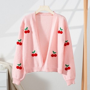 Women's Long Sleeve Open Front Knit Sweater- Cherry Embroidery Cardigan S-XL - 1 of 4