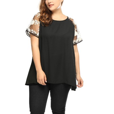 Agnes Orinda Women's Plus Size Crochet Mesh Panel Sheer Floral Raglan Sleeves Top