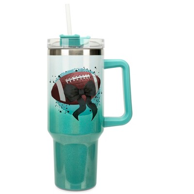 Elanze Designs 40 Ounce Stainless Steel Double Wall Insulated Ombre Glitter Travel Tumbler With Handle, Straw, and Lid, Boy Teddy Bear White and Teal