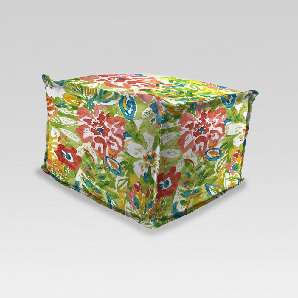 Outdoor Boxed Edge Pouf/Ottoman - Green Floral - Jordan Manufacturing