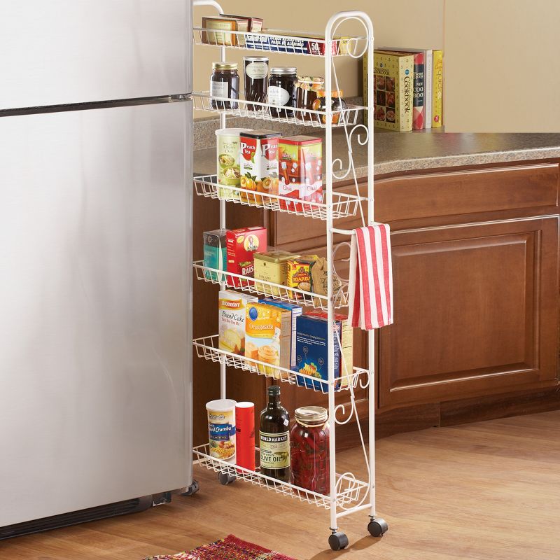Collections Etc Slim Rolling Pantry 6-Tier Shelf, White Metal with Elegant Scroll Design Accent - Extra Kitchen and Bathroom Storage, 2 of 3