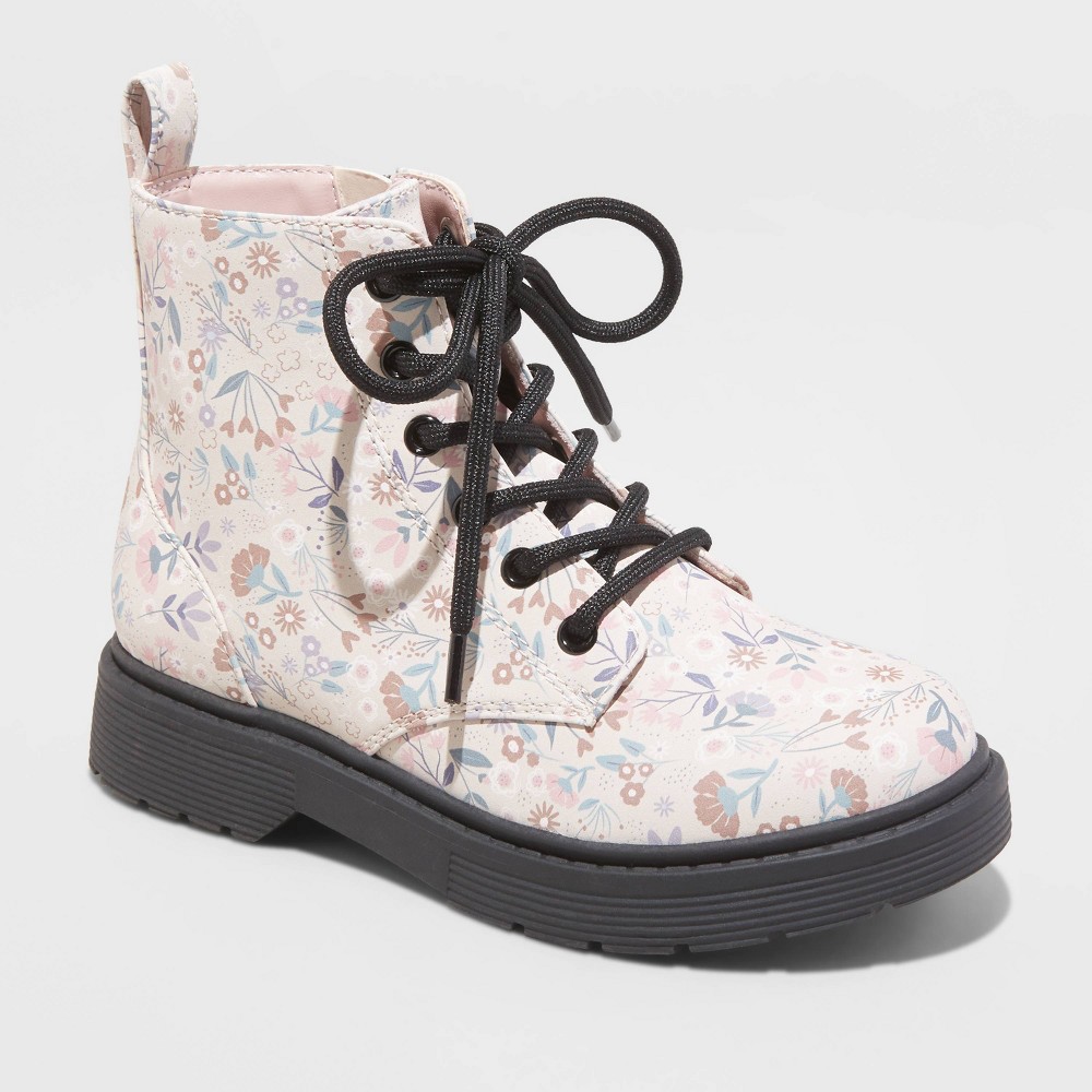 Girls' Size 13 Zoe Floral Print Zipper Lace-Up Combat Boots - art class Beige 13