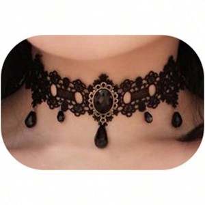Black Lace Choker with Crystal for Women Halloween Party Costume Vintage Thick Necklace - 1 of 4
