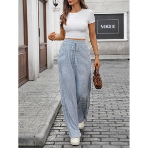 Women's Wide Leg Lounge Pants Lightweight High Waisted Adjustable Tie Knot Loose Fit Trousers with Pockets - 1 of 4