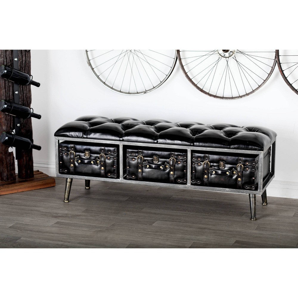 Photos - Chair Industrial Wood Faux Leather Storage Bench with Drawers Black - Olivia & M