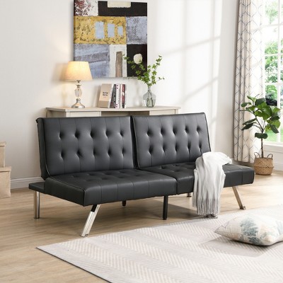 SKRAN futon sofa bed with wood frame,stainless leg for small space Living Room, Bedroom Office,Black PVC