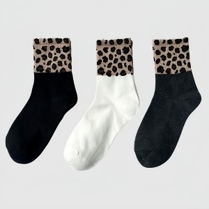 Anna-Kaci Women's 3-Pack Crew Socks with Ribbed Leopard Print Cuffs and Soft Stretch Knit Design - 1 of 4