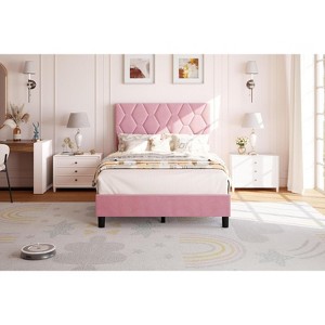 Platform Bed Frame with Upholstered Headboard and Wooden Slats Support - 1 of 4