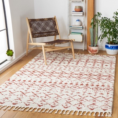 Ivory and Rust Synthetic Shag Area Rug with Fringe, 8' x 10'
