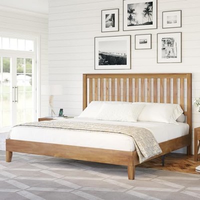 AMERLIFE Solid Wood Bed Frame, Mid-Century Platform Bed with Grille Headboard