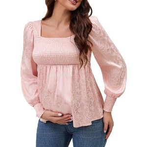 INSPIRE CHIC Women's Smocked Maternity Tops Square Neck Long Sleeve Shirts Pregnancy Blouses - 1 of 4